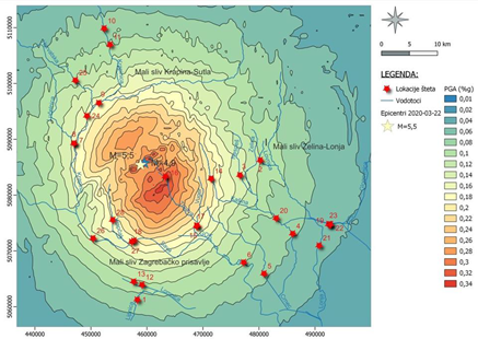 Izolinije vršnog ubrzanja tla (PGA) uslijed seizmičkog događaja M=5,5